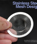 Heavy Duty Stainless Steel Kitchen Sink Strainers 2 Inch Drain Filters Anti Clogging Basket Catchers showing mesh design and hand holding.