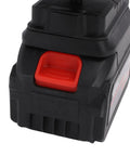Quick Warm Up Battery Operated Compact Warmer With Anti Tip Safety For Cars Homes Outdoors Dual Rechargeable Lithium Cells close-up of battery pack with red button.