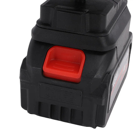Quick Warm Up Battery Operated Compact Warmer With Anti Tip Safety For Cars Homes Outdoors Dual Rechargeable Lithium Cells close-up of battery pack with red button.