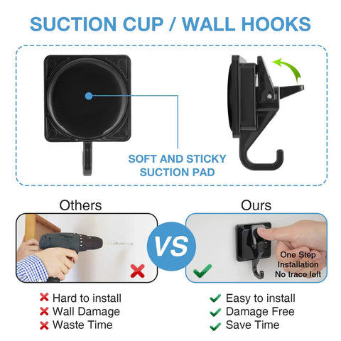 Comparison of suction cup wall hook installation vs drilling, featuring No Drill Wreath Cup Hook With Super Suction Hanger 4 Pack.