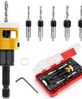 Woodworking Countersink Drill Bit Set With Low Friction Depth Stop Includes 1/8 In, 9/64 In, 5/32 In Drill Bits And 3/8 In 82 Degree Counterbores Plus 11/64 In, 3/16 In Drill Bits With 1/2 In 82 Degree Counterbores 1/4 In Hex Shank In Storage Box showing components and storage case