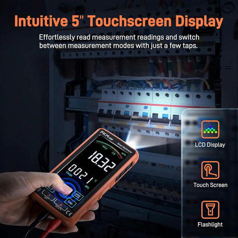 Compact Digital Multimeter Tester With 5 Inch Touch Screen Auto Ranging TRMS 6000 Counts in use with circuit panel
