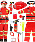 Rad Firefighter Dress Up Costumes For Kids With Lit Glow Helmet Water Sprayer Axe Walkie Talkie Badge And Tool Accessory Set Perfect For Youth Age 4 To 12 featuring red uniform and accessories.