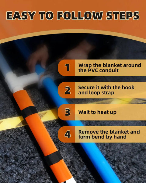 Step-by-step guide for Heavy Duty PVC Heat Blanket For Conduit Bending Up To 1-1/2 Inch showing application process.