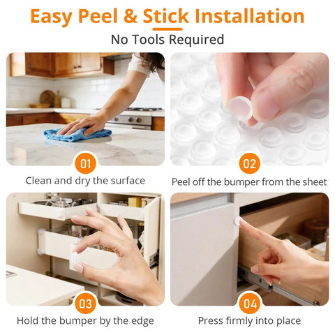 Easy Peel & Stick installation process for 192 Pack Ultra Clear Silicone Cabinet Door Bumpers with Premium Self Adhesive Backing