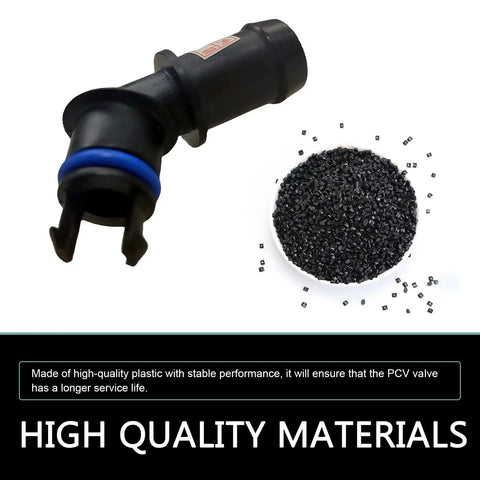 Premium Positive Crankcase Ventilation Valve Connector with blue rubber seal, made of high temp resistant plastic, next to raw material.
