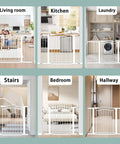 Image of extra wide press mounted baby gates used in different rooms: living room, kitchen, laundry, stairs, bedroom, hallway