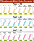 550 Piece Waterproof Heat Shrink Wire Connectors Kit For Automotive Electrical Projects Includes Butt Fork Ring And Spade Crimp Terminals In 22 To 10 AWG Easy Color Coded Tubes For Quick No Fuss Crimping And Reliable Seals, showing connectors with color coding and AWG sizes displayed