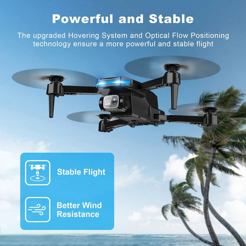 1080P HD Foldable Drone With Dope Gesture Control And 3D Flip, hovering near palm trees, showcasing stability and wind resistance.