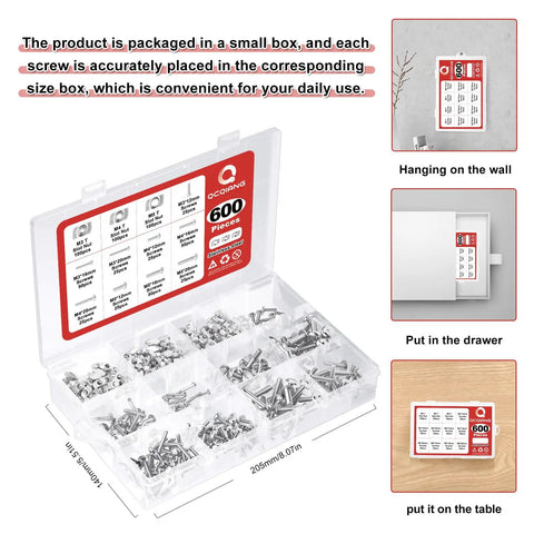 600 Piece M3 M4 M5 Sliding T Nuts And Hex Button Head Screws Kit in open box with compartments, hanging, drawer, table placement options