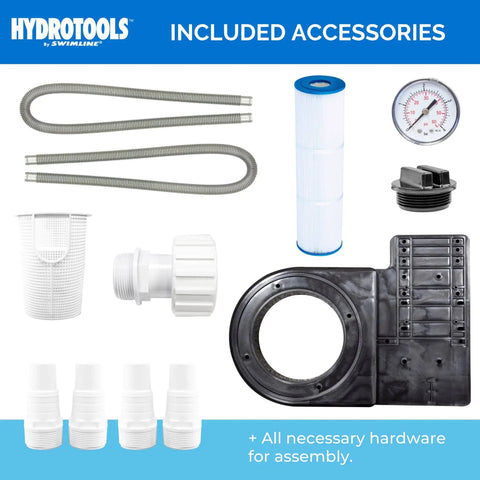 Sure Flo Above Ground Pool Cartridge Filter System components including hoses, cartridge, gauge, and assembly hardware for pools.