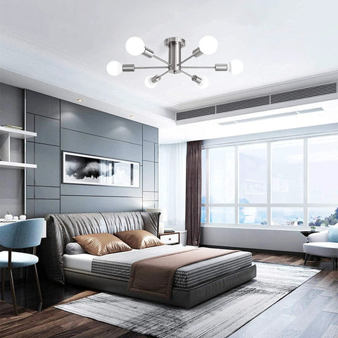 Six Light Sputnik Ceiling Light Fixture for Kitchen Dining Room Living Space Modern Mid Century Chandelier Style Nickel Metal