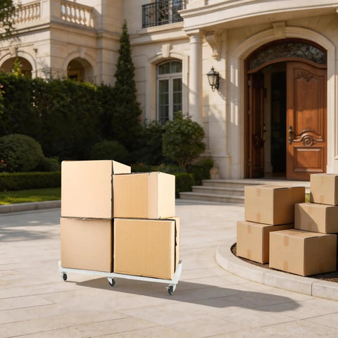 Heavy Duty 2000 Lbs Capacity Moving Dolly With 6 Smooth Wheels And 3 Brakes, Adjustable Telescoping Steel Furniture Mover For Frige And Washer, Super Tough White Roller Cart For Office Moves with stacked boxes.