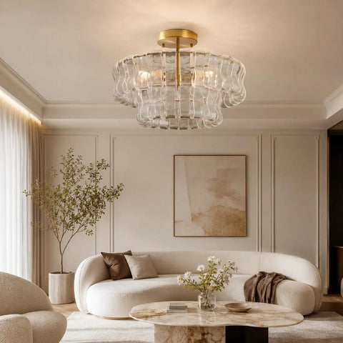 Artpad 19.69‑Inch Modern Ceiling Pendant Light, LED Living Room Lighting with glass shade above a cozy sofa