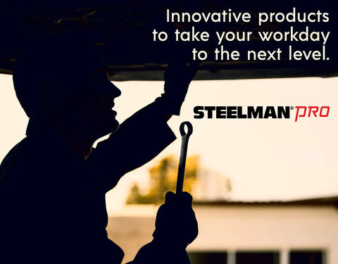 Silhouette of worker holding wrench with Steelman Pro logo, "Innovative products to take your workday to the next level" text.