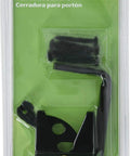 Heavy Duty Outswing Gate Latch Self Closing Spring Hinge in packaging, black steel for outdoor fence security, durable design.