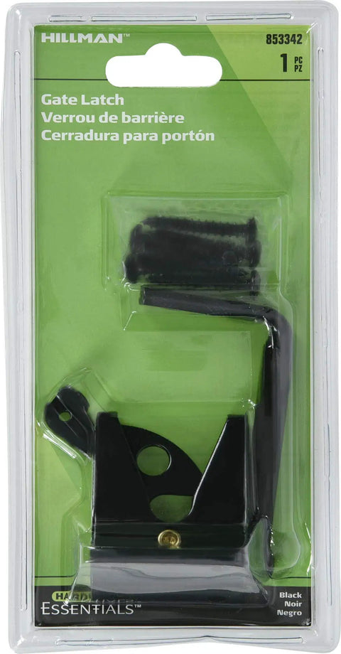 Heavy Duty Outswing Gate Latch Self Closing Spring Hinge in packaging, black steel for outdoor fence security, durable design.