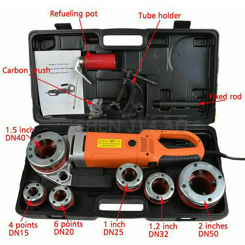 Heavy Duty Electric Pipe Threader Machine With Six Dies For Galvanized Iron And PP Pipes, compact kit with tools and dies.