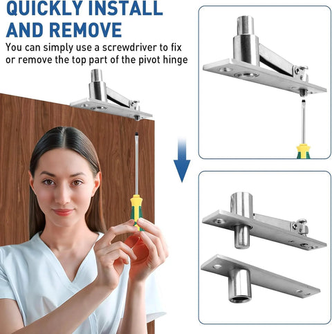 Heavy Duty Pivot Door Hinges For Wood Doors With 360 Degree Shaft Stainless Steel Pivot Hinge System For Hidden Doors And Bookshelf Bookcase Doors TamBee being installed with a screwdriver.