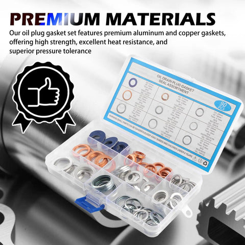 90 Piece Oil Drain Plug Gasket Kit With Crush Washers For M11 M12 M14 M16 M18 M20 Sizes in clear storage box