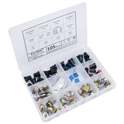 Potentiometer Kit With 10K 20K 50K 100K Ohm Linear Taper Rotary B Type Pots For Audio Gear Includes 1K 5K 10K 50K 100K Ohm 3296W Multiturn Trimmer, Nuts, Washers, Knobs, 105Pcs in storage case.