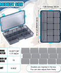 Open Six Pack Waterproof Fishing Tackle Box 3600 And 3700 with Removable Dividers, Blue Camo, Showing Internal Dimensions and Layout