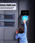 Child reaching for wall mounted water cooler with child lock, LED smart panel, instant hot water dispenser.
