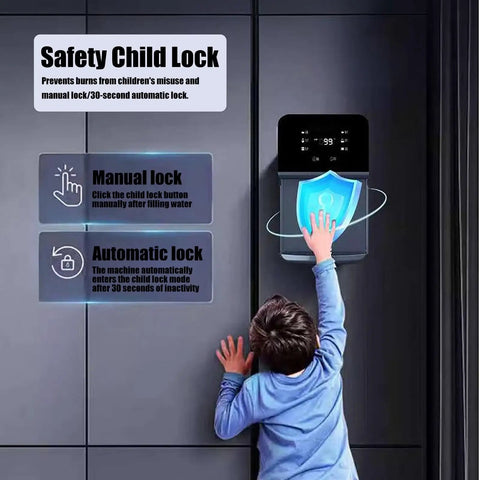 Child reaching for wall mounted water cooler with child lock, LED smart panel, instant hot water dispenser.