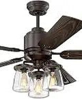 52 Inch Indoor And Outdoor Ceiling Fan With Remote Control Five Dark Bronze Blades Aged Bronze Finish Downrod Mounting And A Three Light Kit With Clear Glass