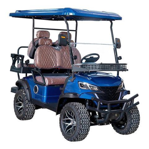 Rugged Off Road 4 Seater Electric Golf Cart With 5 Kw Motor And Hella Smooth Ride For Park Tours And Hotel Shuttles Featuring Fast Charging And Tons Of Trunk Room In Fresh Blue showcasing interior seating and rugged tires.