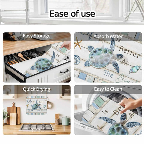 Blue Starfish Shell Conch Wood Grain Dish Drying Mat For Kitchen Counter Super Fast-Drying Ultra Absorbent Microfiber Drainer Pad Three Layer Sponge Core Reversible Drying Pad 18 by 24 Inches Non Slip showing ease of use with scenes of storage, absorption, drying, and cleaning