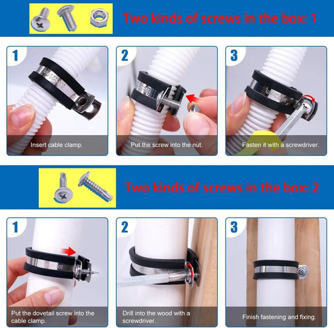 Instructional steps using the 136 Piece Cable Clamps Kit in 304 Stainless Steel With Rubber Cushioned Grip for pipe installation.