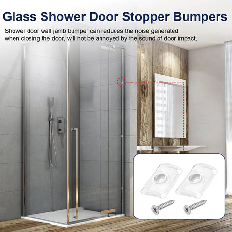 Clear glass shower door bumpers with screws for sliding doors, fits 1 or 1.3 inch frames, reduces noise and movement, set of 2.
