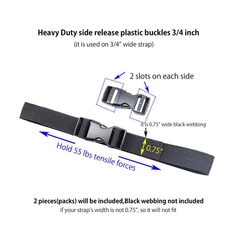 Easy Adjustable Side Release Buckle Three Quarter Inch Plastic Snap Buckle Clips For Backpack Straps Replacement No Sewing Needed Dual Side Length Adjustment Ideal For Outdoor Gear And DIY Projects And Everyday Pack Upgrades showcased with black webbing.