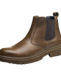 Side view of Unisex Steel Toe Chelsea Boots For Work Waterproof Lightweight Comfortable Non Slip Safety Boots with brown leather.