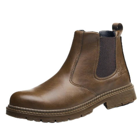 Side view of Unisex Steel Toe Chelsea Boots For Work Waterproof Lightweight Comfortable Non Slip Safety Boots with brown leather.