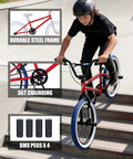 Child riding Freestyle 20 Inch BMX Bike For Beginners Kids 8 To 15 Red Frame With Blue Tires Kid Friendly Ride On Skate Park Ramp