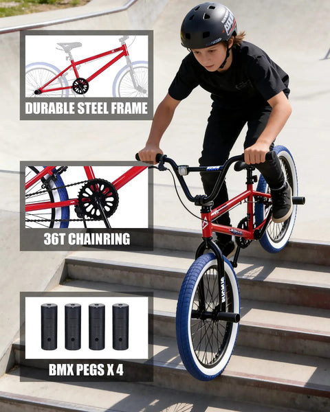 Child riding Freestyle 20 Inch BMX Bike For Beginners Kids 8 To 15 Red Frame With Blue Tires Kid Friendly Ride On Skate Park Ramp