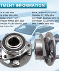 Front And Rear Wheel Hub Bearing Assembly 513288 Fits 2010 To 2020 Chevy Equinox Impala Malibu Limited GMC Terrain Cadillac CTS XTS Buick Lacrosse Regal Allure Saab 9 5 Heavy Duty With Five Lug And ABS Two Piece displayed with fitment information list