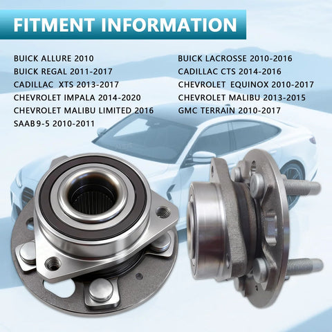 Front And Rear Wheel Hub Bearing Assembly 513288 Fits 2010 To 2020 Chevy Equinox Impala Malibu Limited GMC Terrain Cadillac CTS XTS Buick Lacrosse Regal Allure Saab 9 5 Heavy Duty With Five Lug And ABS Two Piece displayed with fitment information list