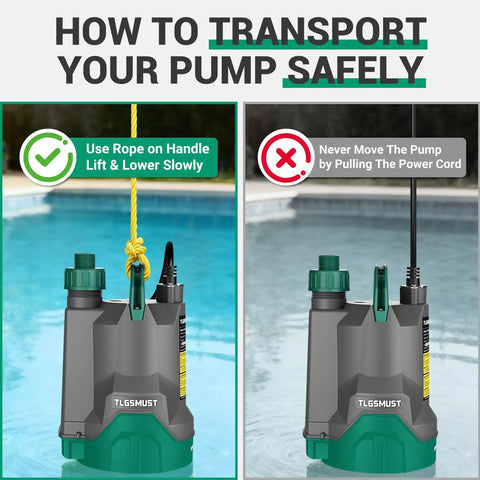 One Third Horsepower Submersible Water Pump With 2450 GPH Flow showing safe transportation with rope handle use instructional image