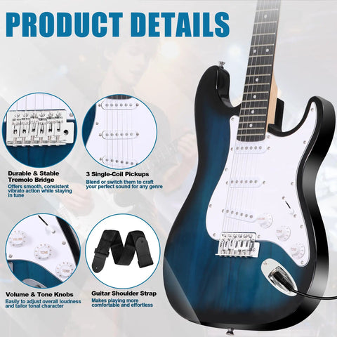 39 Inch Full Size Electric Guitar Starter Pack With Amp Nylon Carrying Case and Accessory Kit Blue for Beginners Ready To Jam Out Of The Box Includes Tuner Cables Straps Extra Strings All Wood Construction Maple Neck, close-up of guitar body and details