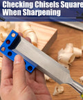 Dead Accurate Mini Center Finder For Woodworking Enthusiasts Featuring A 90 Degree Layout Square With Dowel Pins To Nail Projects Without Breaking A Sweat, checking chisels square during sharpening.