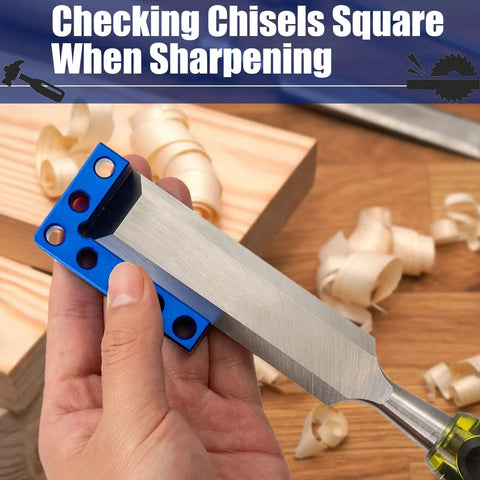 Dead Accurate Mini Center Finder For Woodworking Enthusiasts Featuring A 90 Degree Layout Square With Dowel Pins To Nail Projects Without Breaking A Sweat, checking chisels square during sharpening.