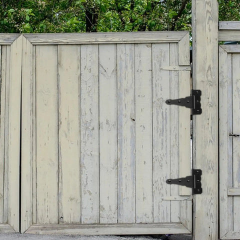Rustic wooden gate with 2 Pack Heavy Duty Black Iron T Shaped Barn Door Hinges With Matte Finish For Outdoor Gates And Doors