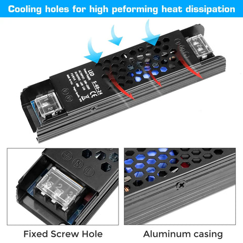 Cooling holes view of Top Shelf Rock Solid 24V Power Supply 2.5A 60W Switching Adapter with aluminum casing for heat dissipation.