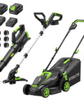 All In One Cordless Yard Boss Kit 13 Inch Brushless Lawn Mower String Trimmer Edger And Leaf Blower With Dual 20V Batteries And 2 Chargers For Small Yards, front view