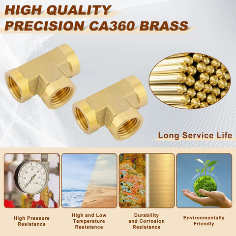 Beefy Two Pack One Quarter Inch NPT Female Brass Tee Fittings Three Way Street Tee Barstock Forged Brass Pipe Fittings for plumbing