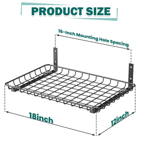 Heavy Duty Wall Mounted Garage Shelves 12x18 Inches Two Pack, Metal Shelf Rack, Black Rust Resistant Steel, 60 Lb Per Shelf, Space Saving