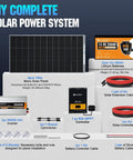 Off Grid Solar Power Kit For RV And Cabin Living with six 195W panels, two lithium batteries, MPPT controller, inverter, cables